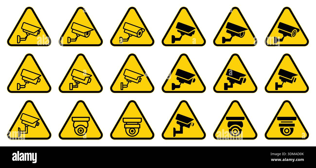 A collection of warning signs featuring surveillance cameras on yellow ...