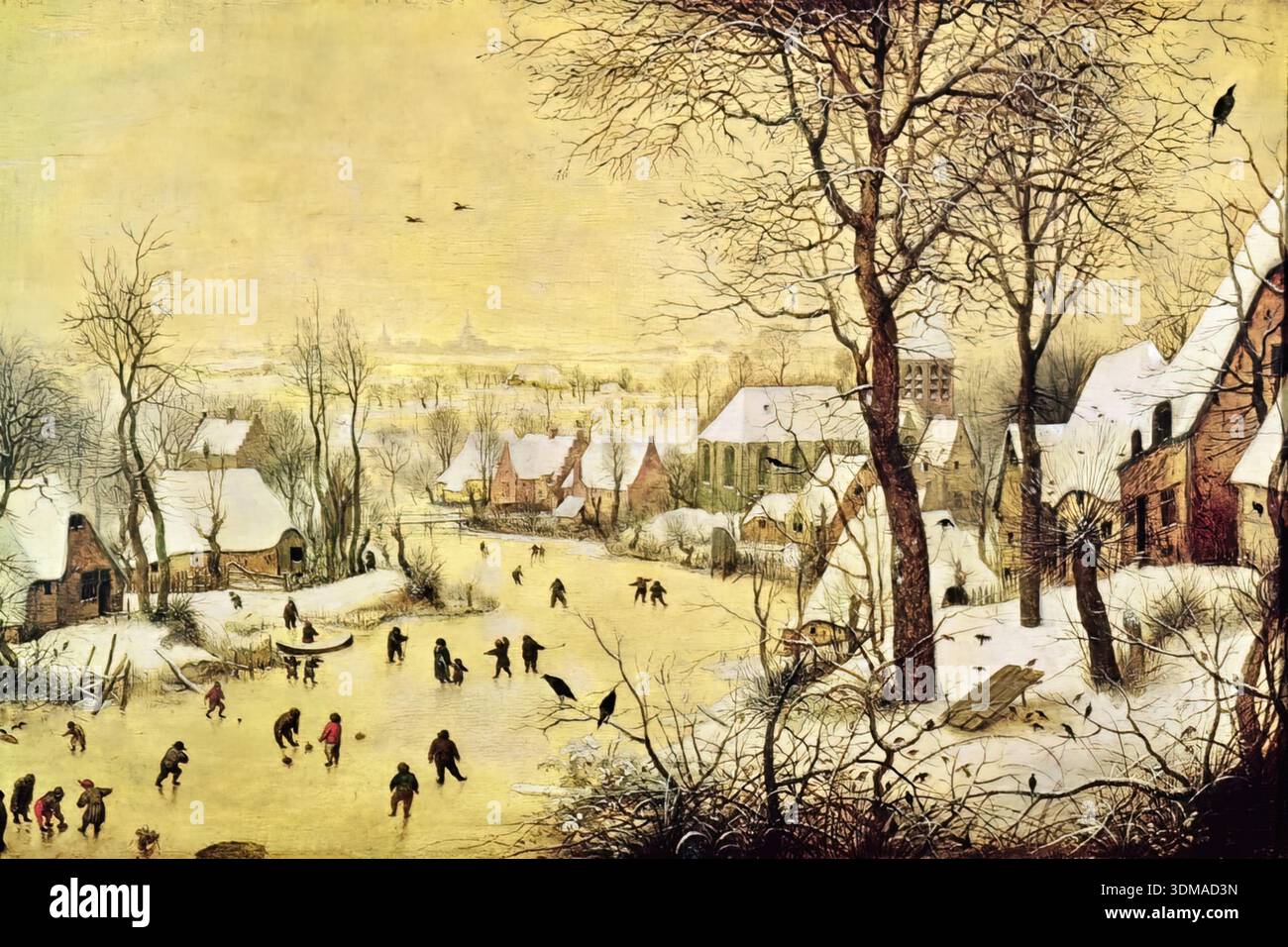 Winter landscape with skaters and a bird trap hi-res stock