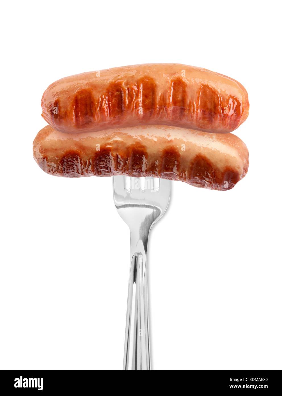 Grilled sausages on fork against white background Stock Photo