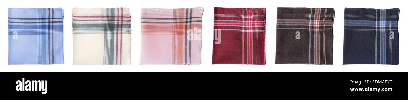 Many folded handkerchiefs isolated on white, set Stock Photo