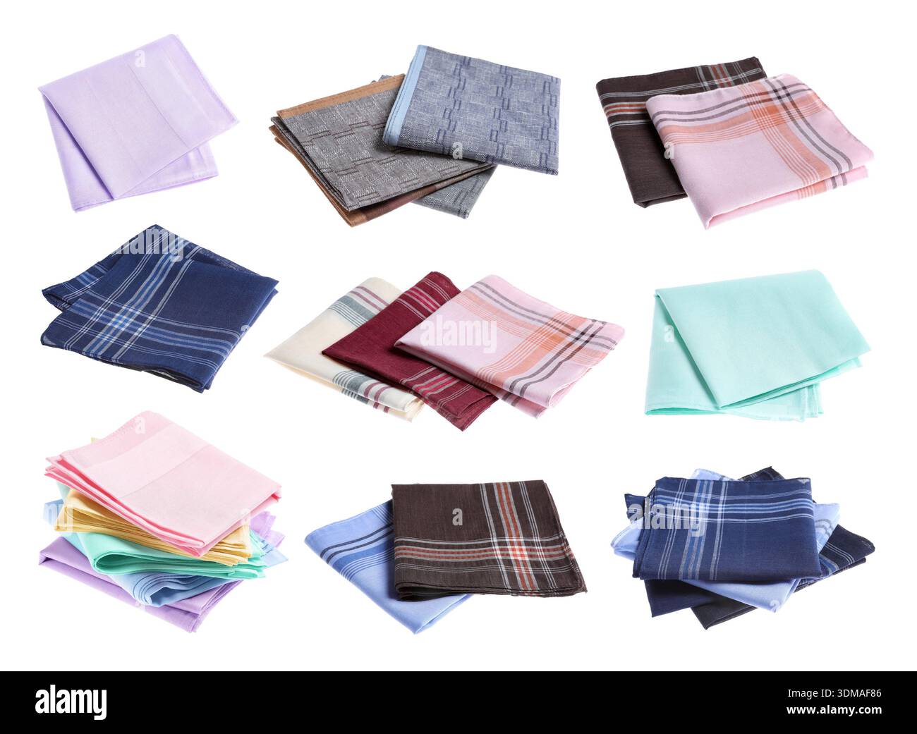 Different fabric handkerchiefs isolated on white, set Stock Photo