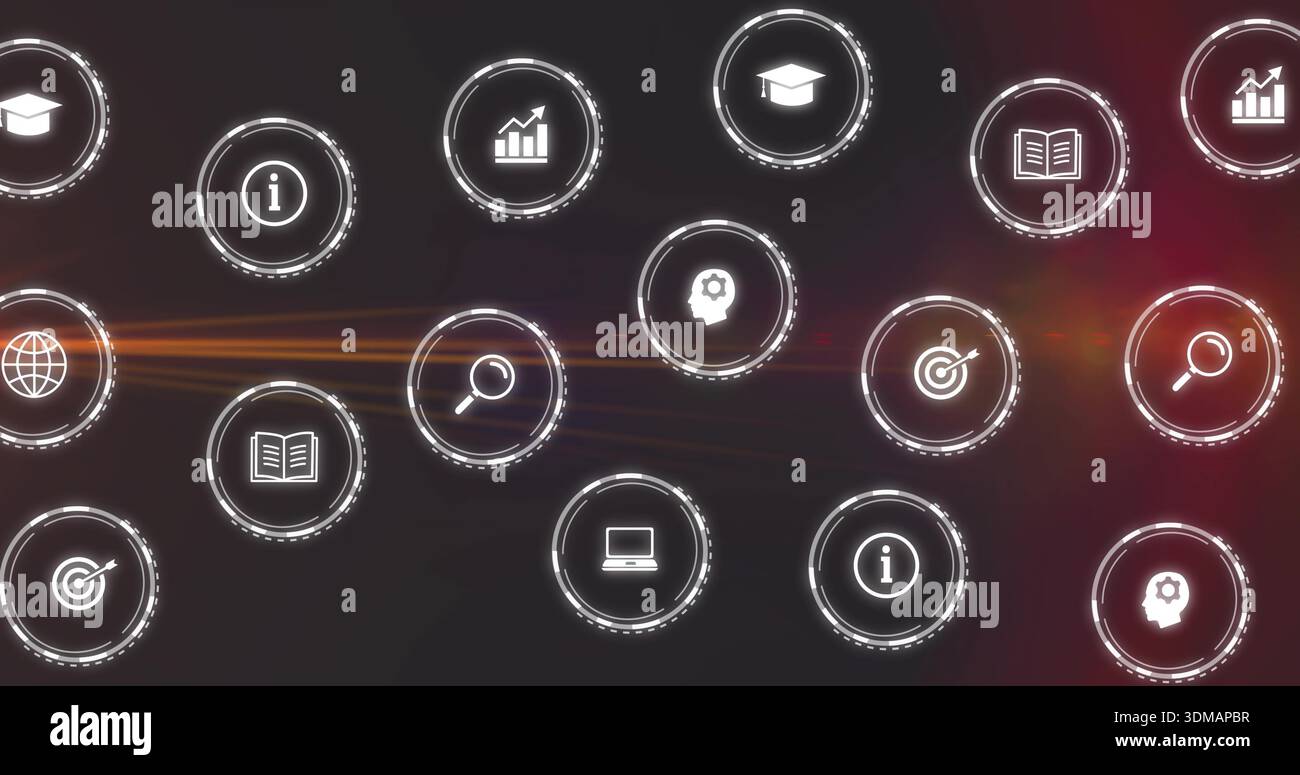 Displaying floating HUD icons glowing in dark UI with dotted rings ...