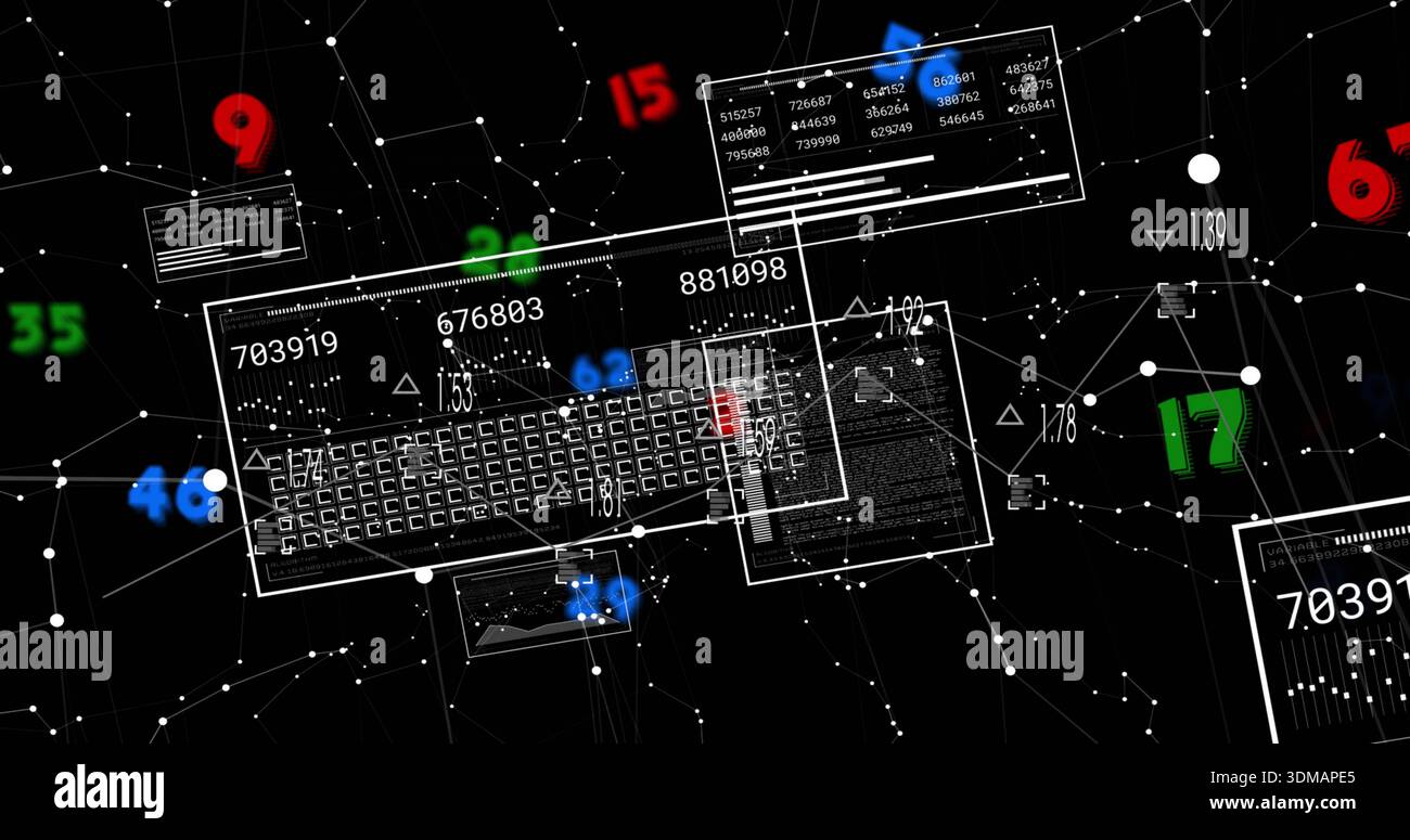Displaying central key-grid panel with floating data panels in 3D network, highlighted red key Stock Photo