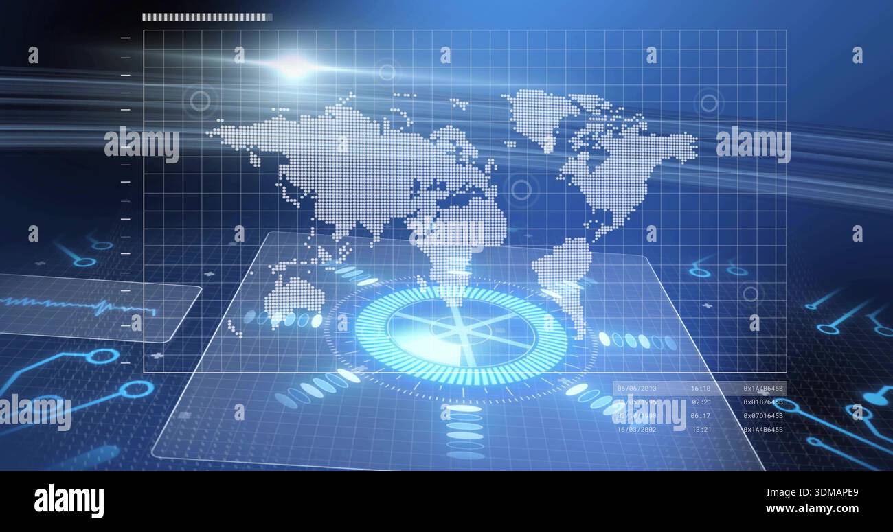 Displaying dotted world map on clear grid in virtual interface, holo HUD showing numeric readouts Stock Photo