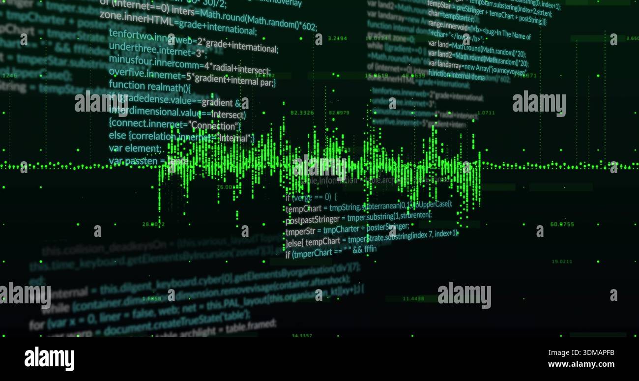 Displaying neon green waveform running across developer console monitor, with source code overlays Stock Photo