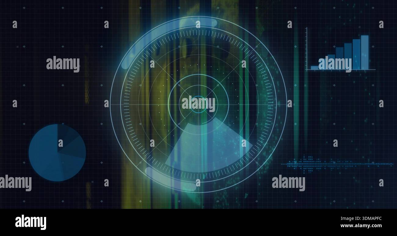 Scanning central radar HUD sweeping on dark grid dashboard, showing glowing node, charts, waveform Stock Photo