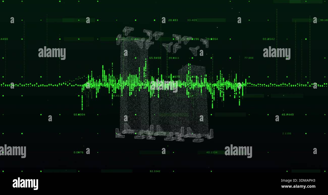 Displaying central green waveform and three dot pillars in dark dashboard, with numeric readouts Stock Photo