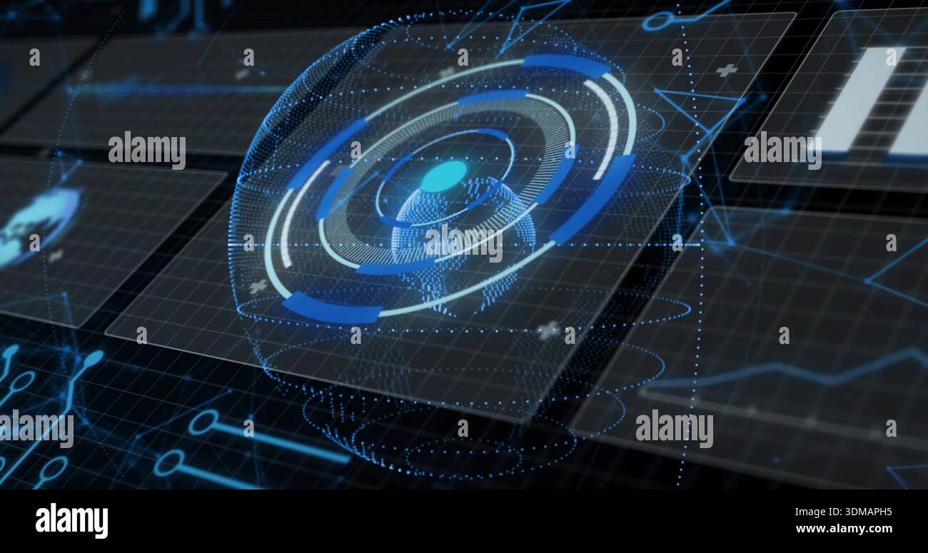 Projecting central 3D interface rotating data rings above dark grid platform, with glowing circuits Stock Photo