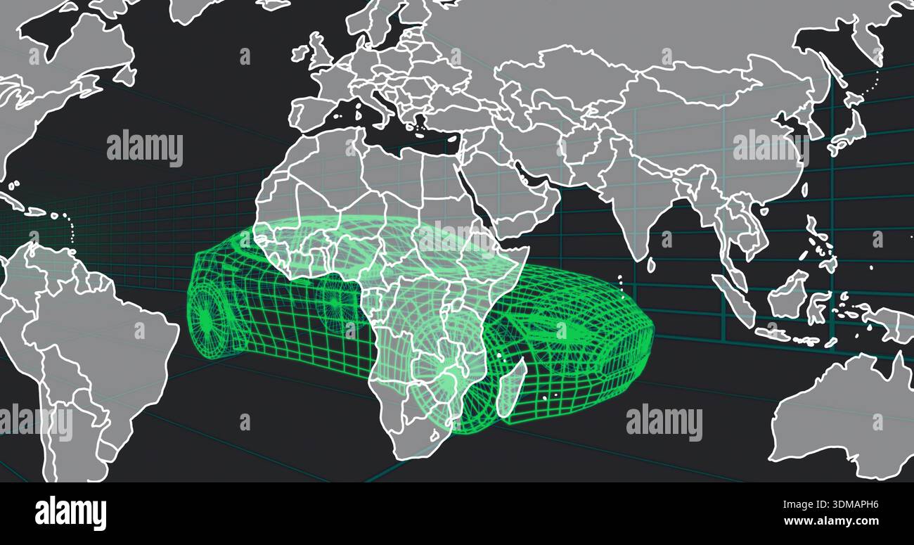Hovering neon-green wireframe car spanning virtual world map, with turquoise grid lines Stock Photo
