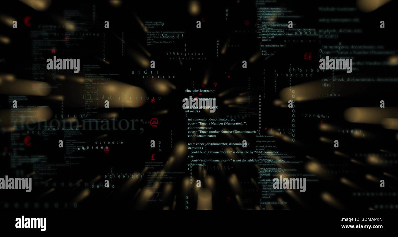 Displaying central vertical C++-style code column standing in deep cyberspace, with binary digits Stock Photo