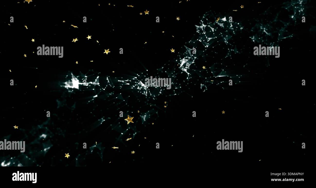 Glowing filamentous network spanning black void, displaying turquoise-white nodes and gold stars Stock Photo