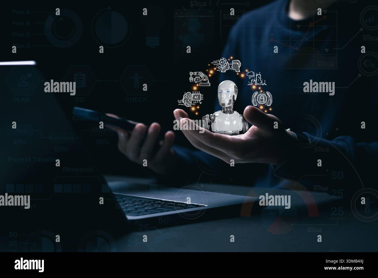 Digital data mining and machine learning technology design for computer brain. 3D rendering artificial intelligence AI research of robot and cyborg de Stock Photo
