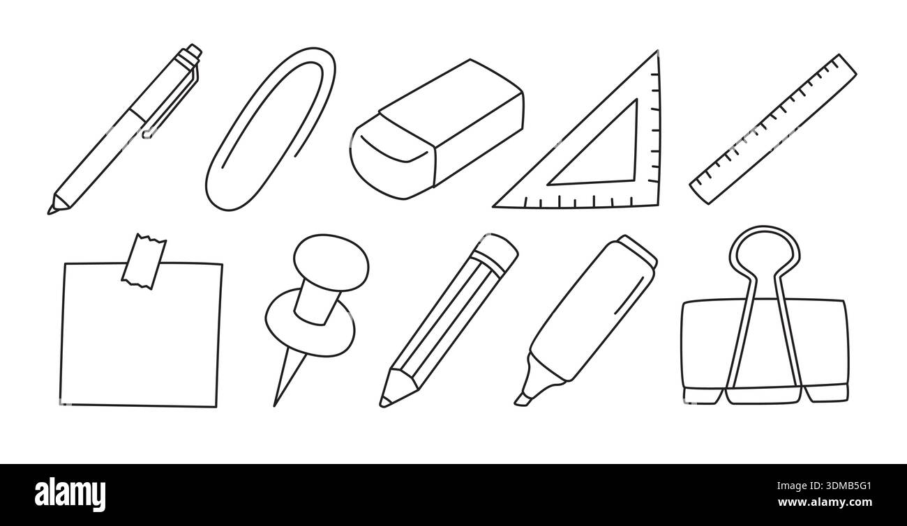 Cute educational stationery icon elements with doodle hand drawn style. Stock Vector