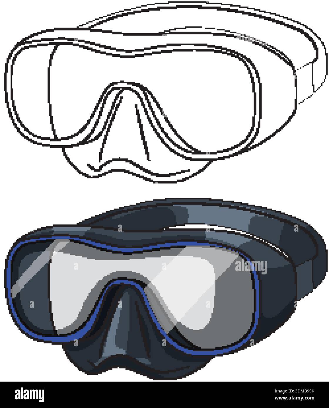 Scuba diving mask presented in black and white line art and colored ...
