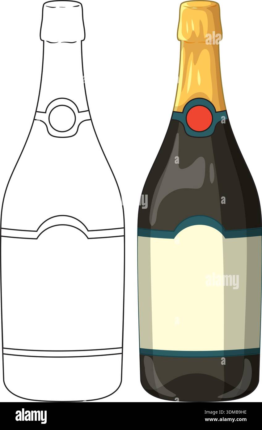 Two champagne bottles presented in flat color and black line art on white background Stock Vector
