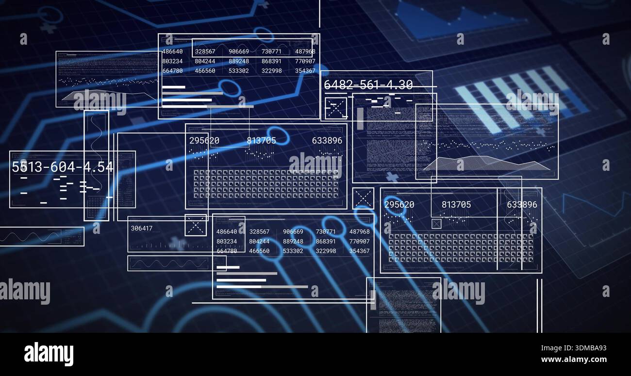 Displaying translucent wireframe panels over dark blue grid, showing charts, code, numeric IDs Stock Photo