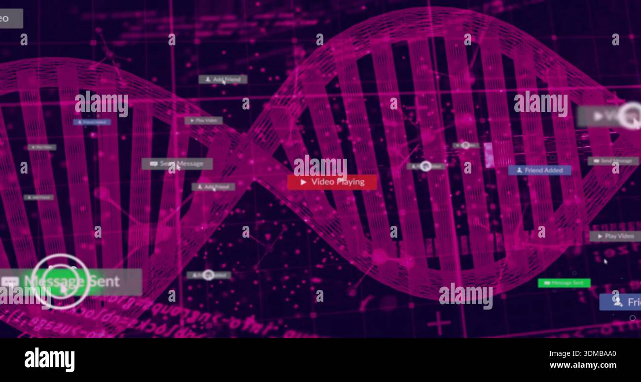 Displaying magenta wireframe DNA, floating UI panels annotating virtual data interface Stock Photo