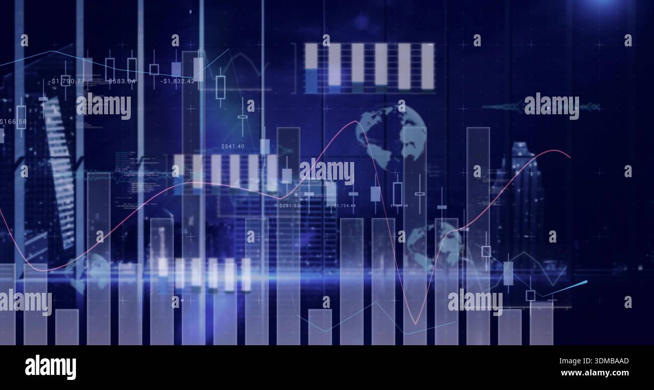 Displaying financial charts rising over night skyline, showing ...
