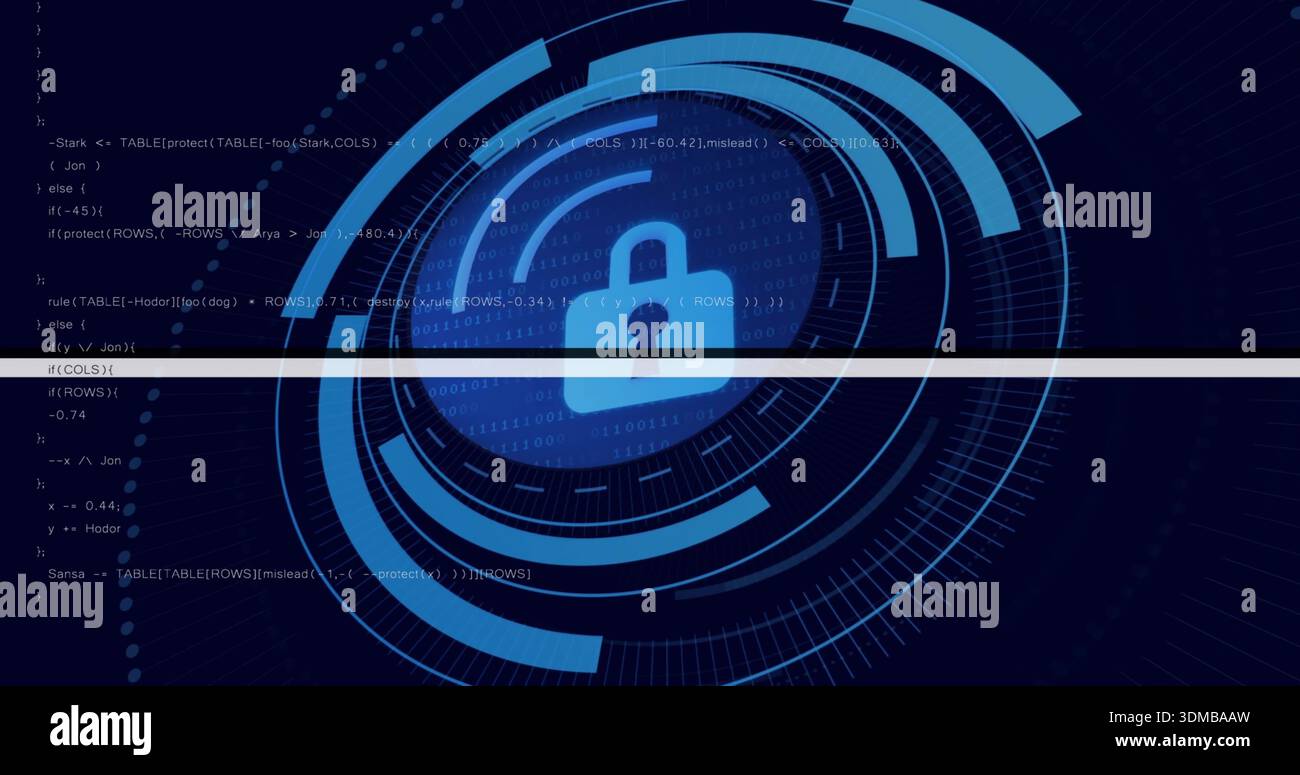Displaying central padlock icon spinning inside concentric HUD rings on security HUD, with code Stock Photo