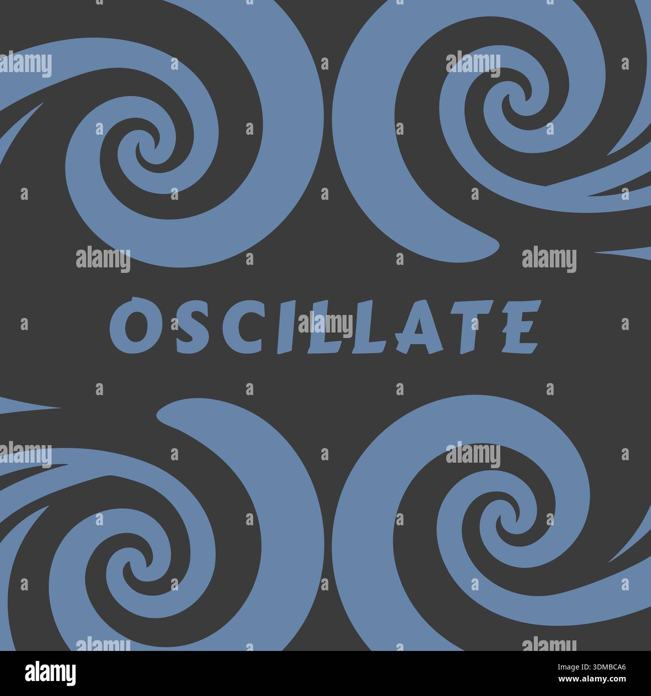 Dark label with repeating swirl motifs and oscillate text in a bold centered layout Stock Vector
