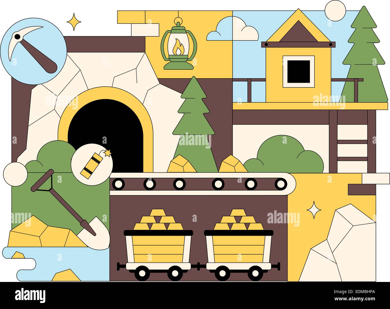 Gold Mine Vector Illustration Depicting Mining Industry Activities ...