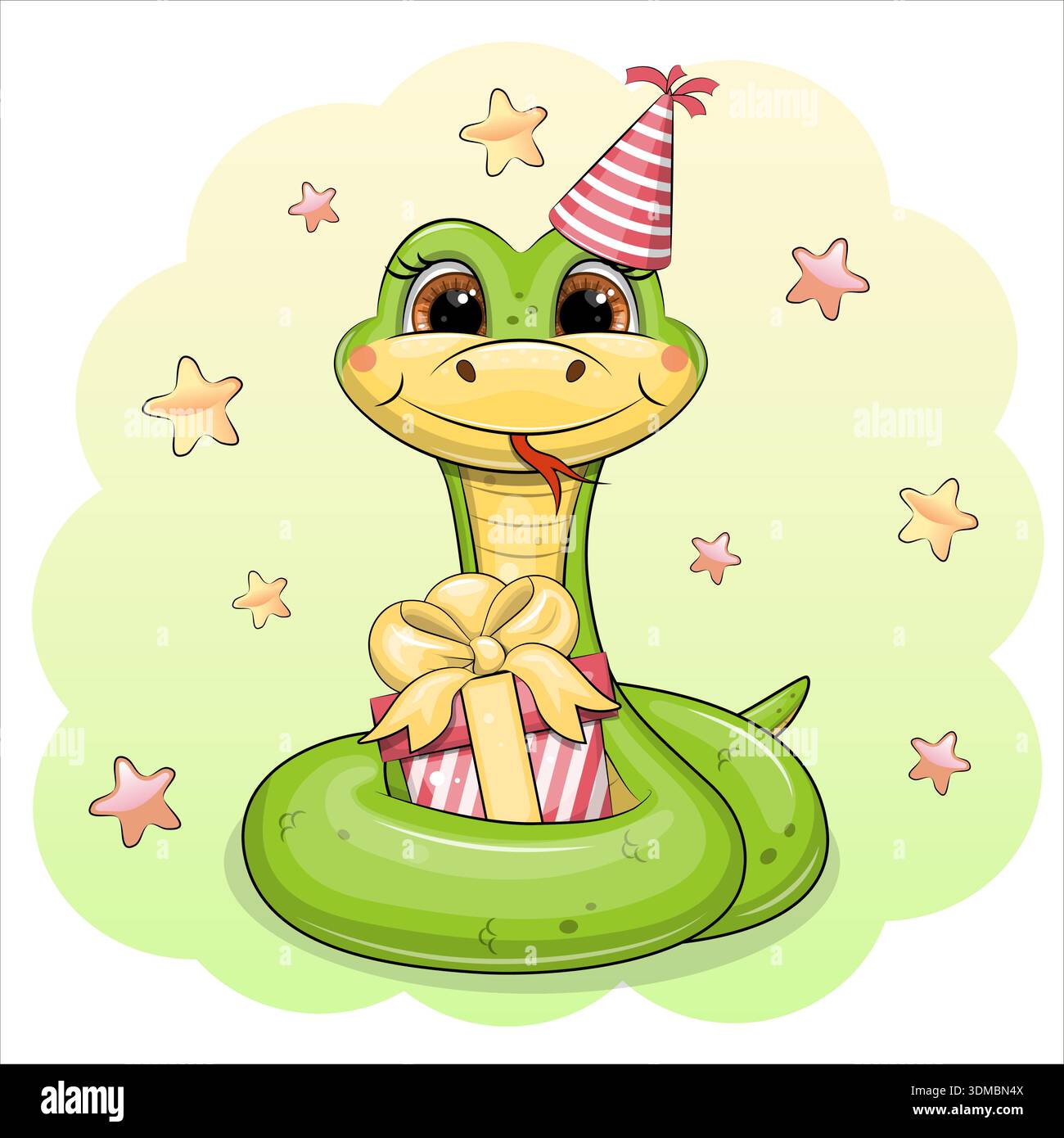 Birthday Card with cute cartoon Green Snake and gift. Animal vector ...