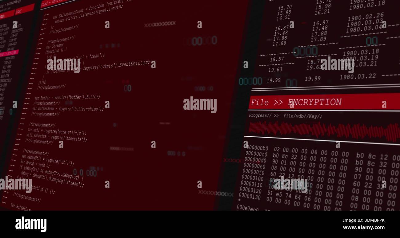 Displaying screens at dark desk showing source code with File  ENCRYPTION header and hex dump Stock Photo