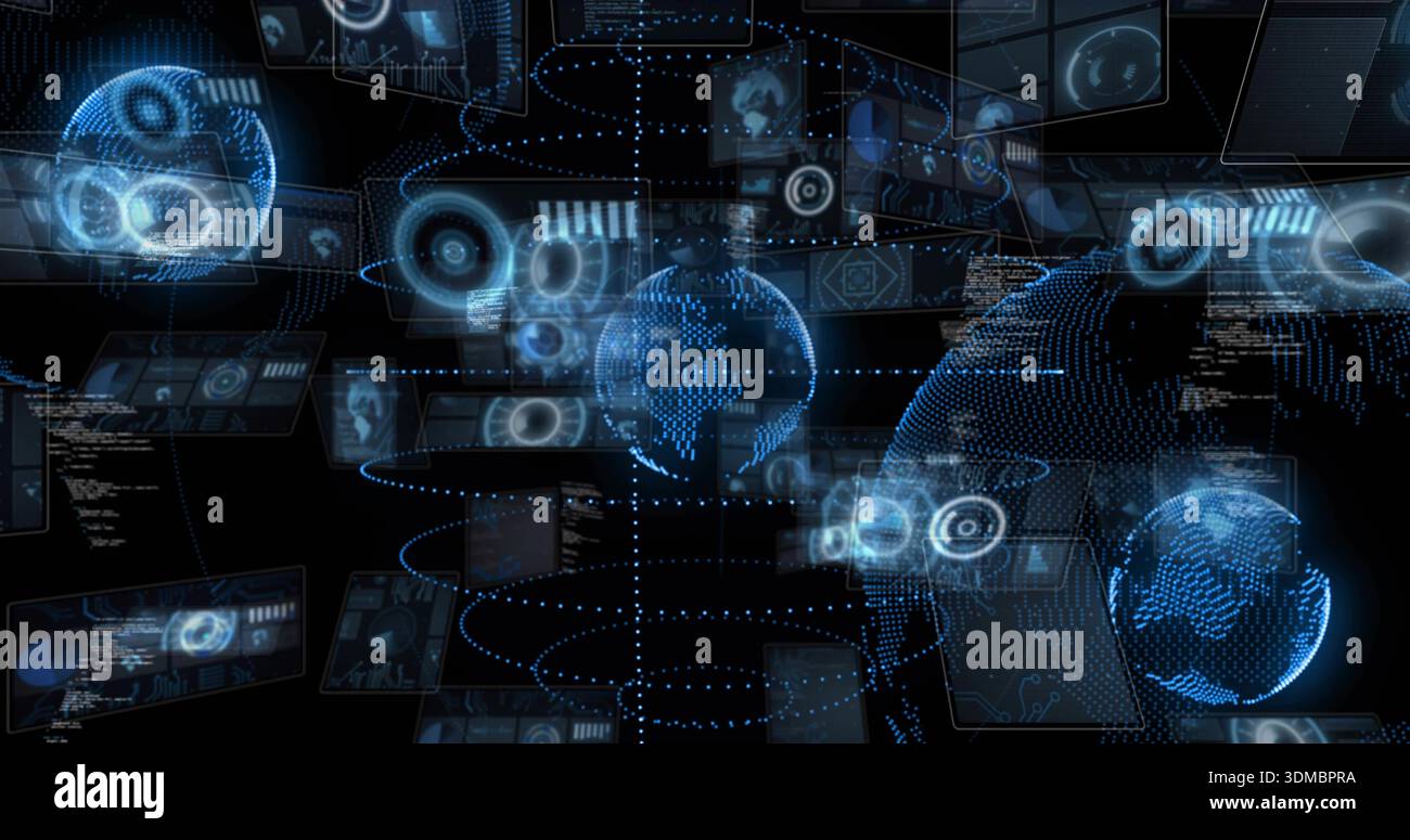 Floating central holographic globe pulsing in virtual data space, with HUD panels and code streams Stock Photo