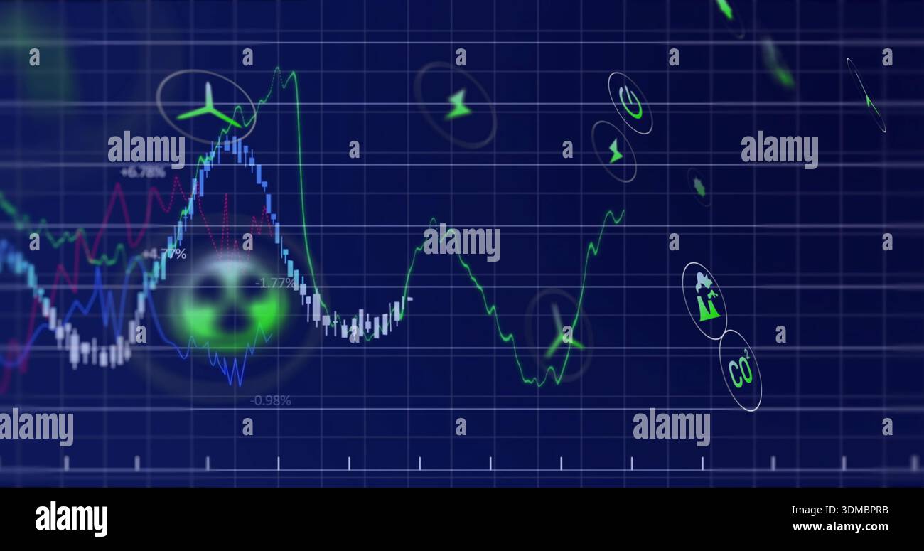 Displaying central data chart tracing multi-colored graphs on energy dashboard, with CO2 wind icons Stock Photo