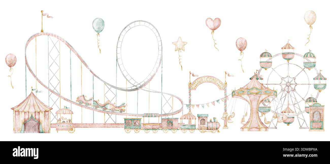 Watercolor Amusement park illustration with rides and Ferris wheel in ...