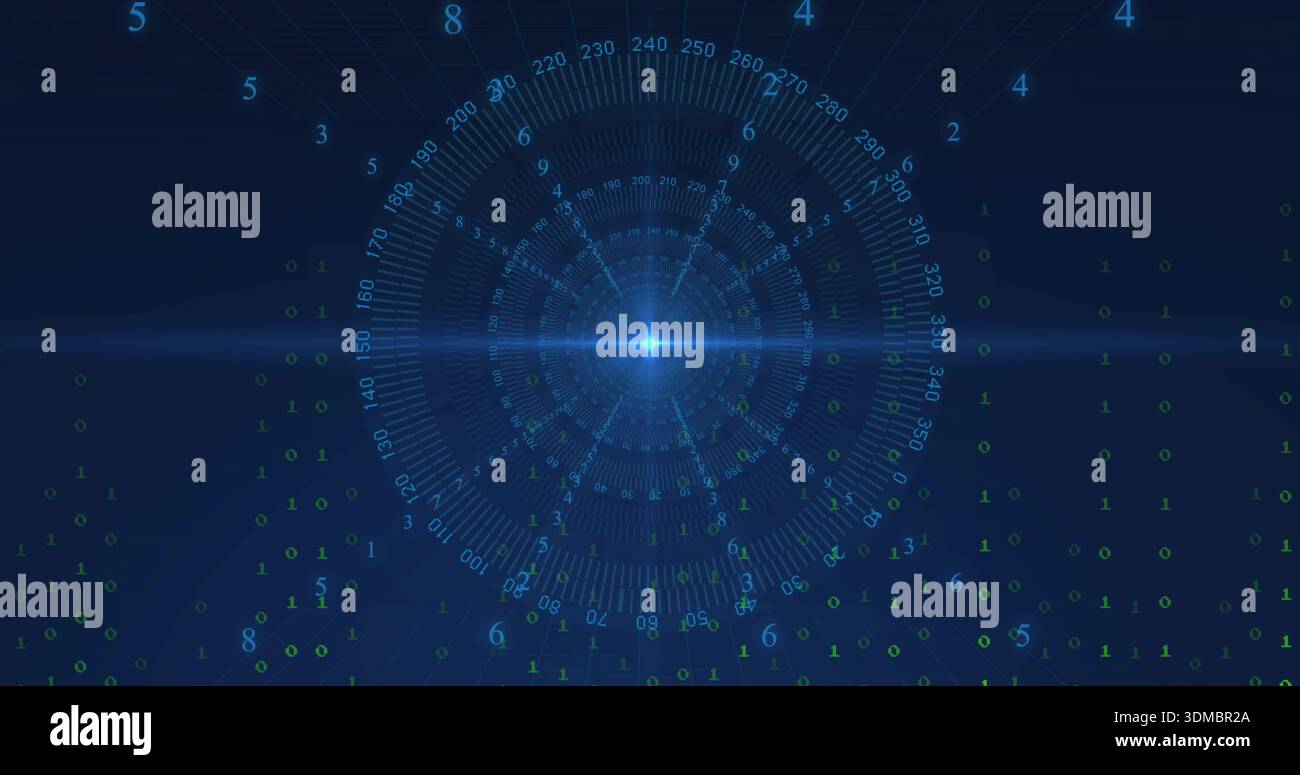 Displaying central blue node and concentric rings on virtual HUD, with binary data stream Stock Photo