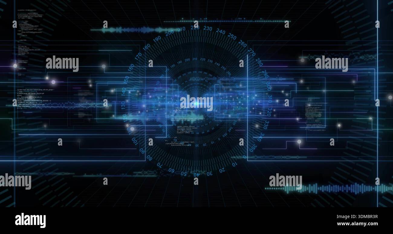 Displaying central HUD pulsing radiant core over grid in virtual console with data panels Stock Photo