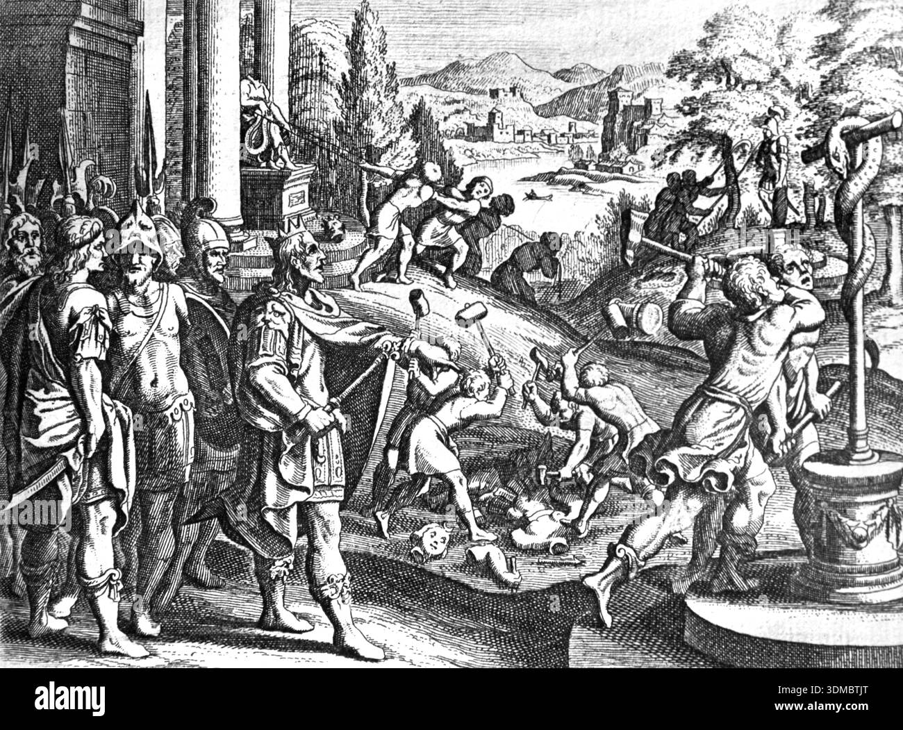 King Hezekiah, King of Judah (c715-687BC) Orders the Destruction of Iols and Other Cult Objects including the Bronze Serpent, Brazen Serpent or Nehushtan on a Pole of Moses. Second Book of Kings 18. Vintage, Historic or Historical Illustration or Wood Engraving from French Bible 1687 Stock Photo