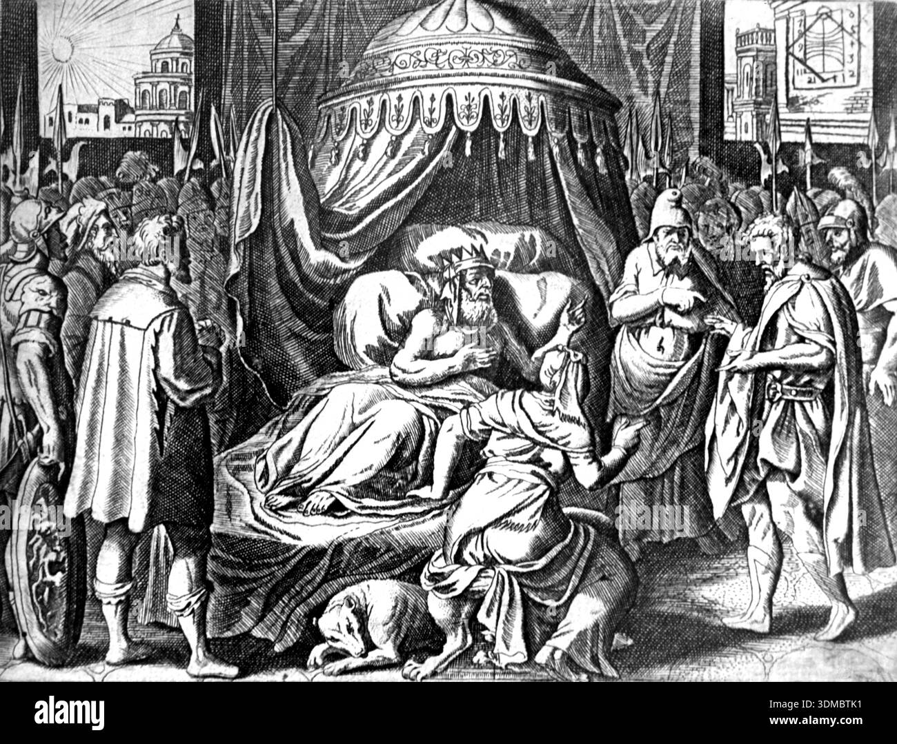Illness and Death of King Hezekiah (c 687BC) 13th King of Judah probably in Jerusalem Ancient Israel. Second Book of Kings 20. Vintage, Historic or Historical Illustration or Wood Engraving from French Bible 1687 Stock Photo