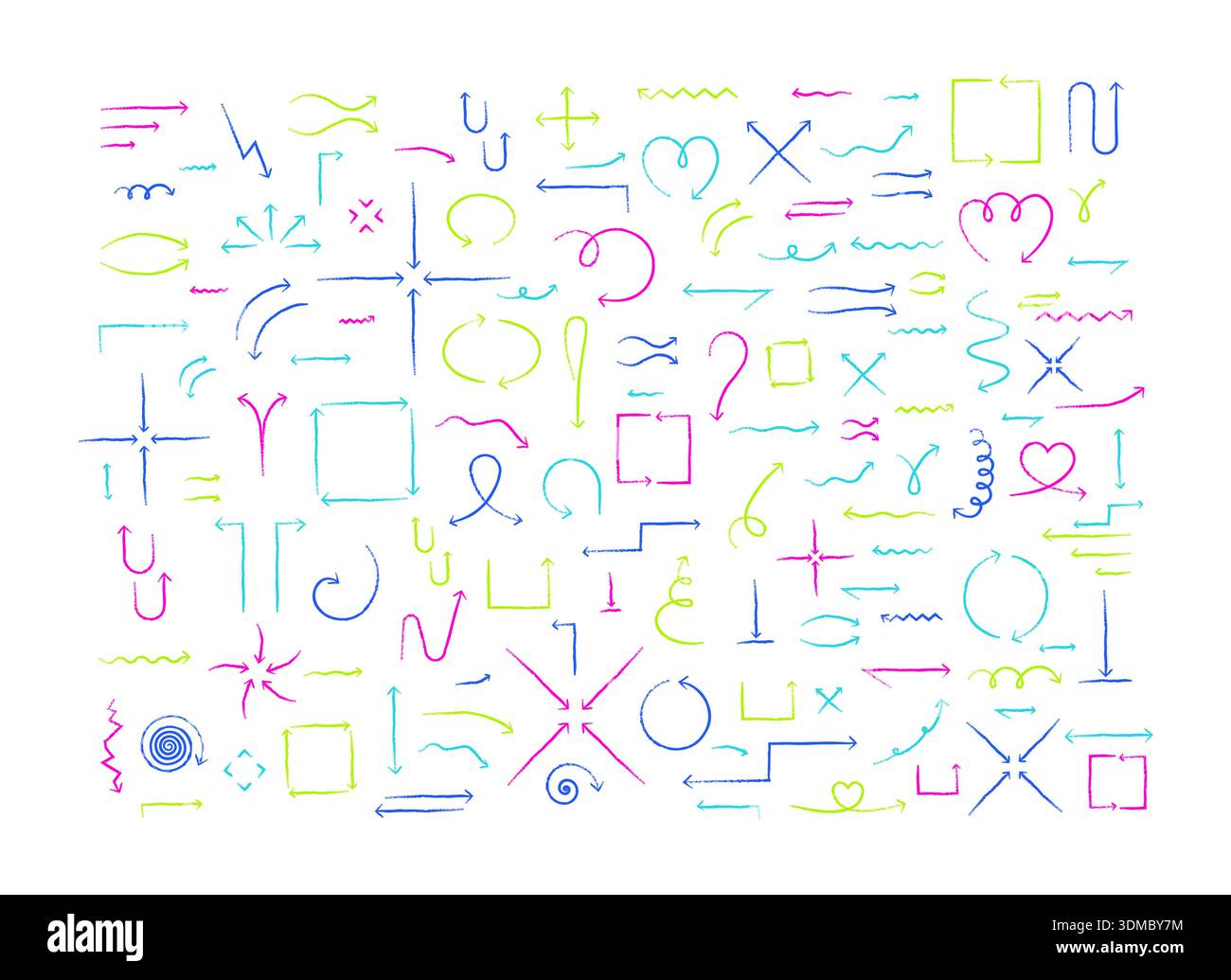 Multicolored grunge doodle arrow set Stock Vector