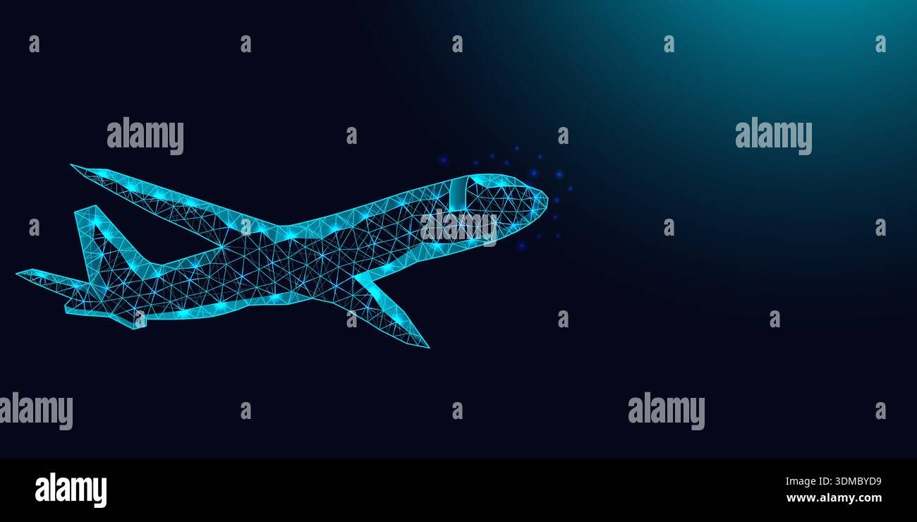 Low poly wireframe airplane on dark blue background. Stock Vector