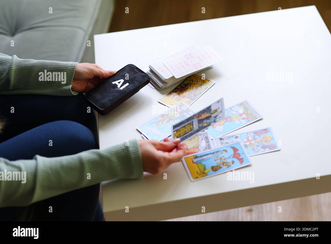 Spiritual tarot practice combined with artificial intelligence concept Stock Photo