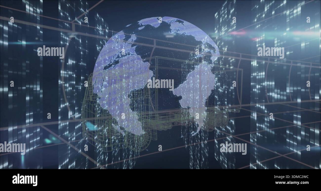 Displaying holographic Earth globe rotating inside virtual data center ...