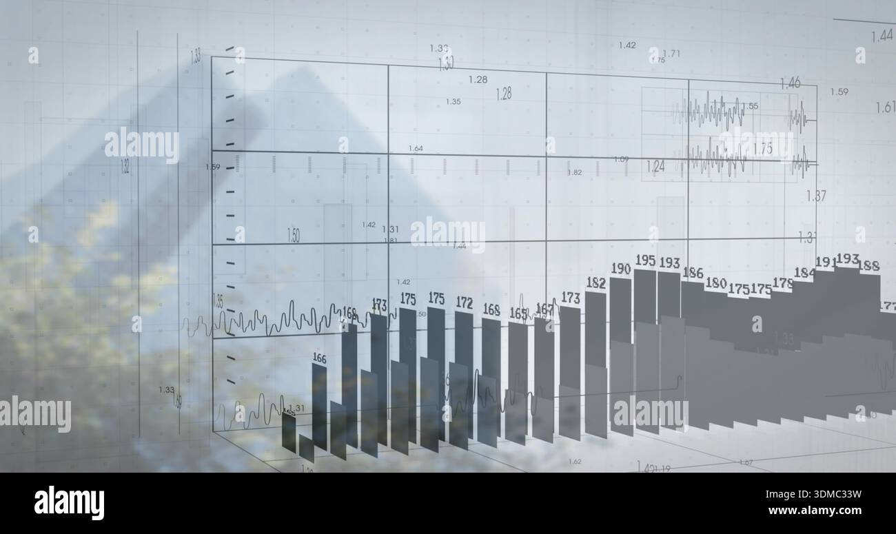 Displaying 3D bar chart with numeric labels and line plots on translucent wireframe grid over trees Stock Photo