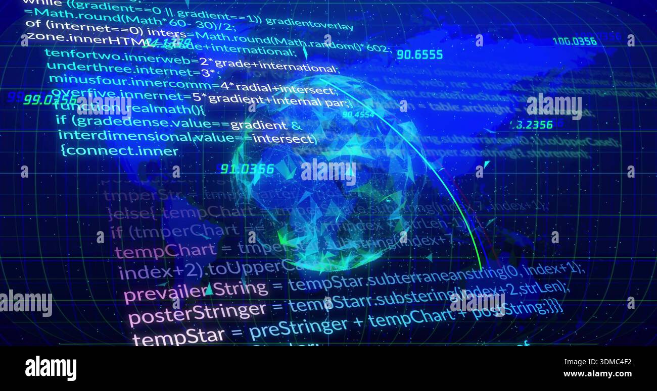 Rotating holographic low-poly globe pulsing in wireframe grid, with code and numeric labels Stock Photo