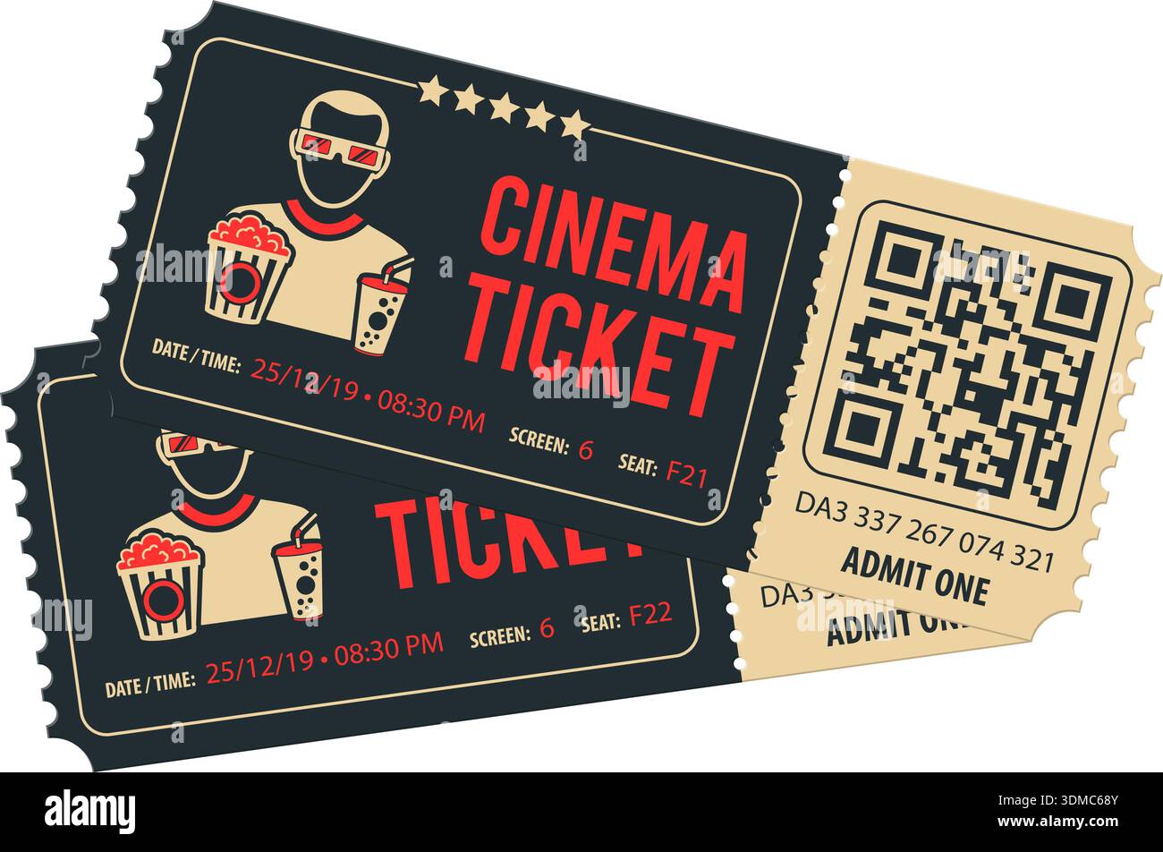 Cinema movie Ticket with QR code, viewer, popcorn and soda, flat style ...