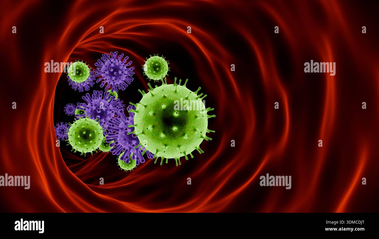 3D medical illustration of virus particles and red blood cells flowing ...