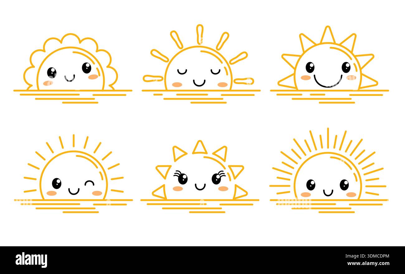 Half Sun with faces outline clipart set. Orange half Sun drawing outline clip art in cute and happy Sun characters hand drawn collection vector Stock Vector