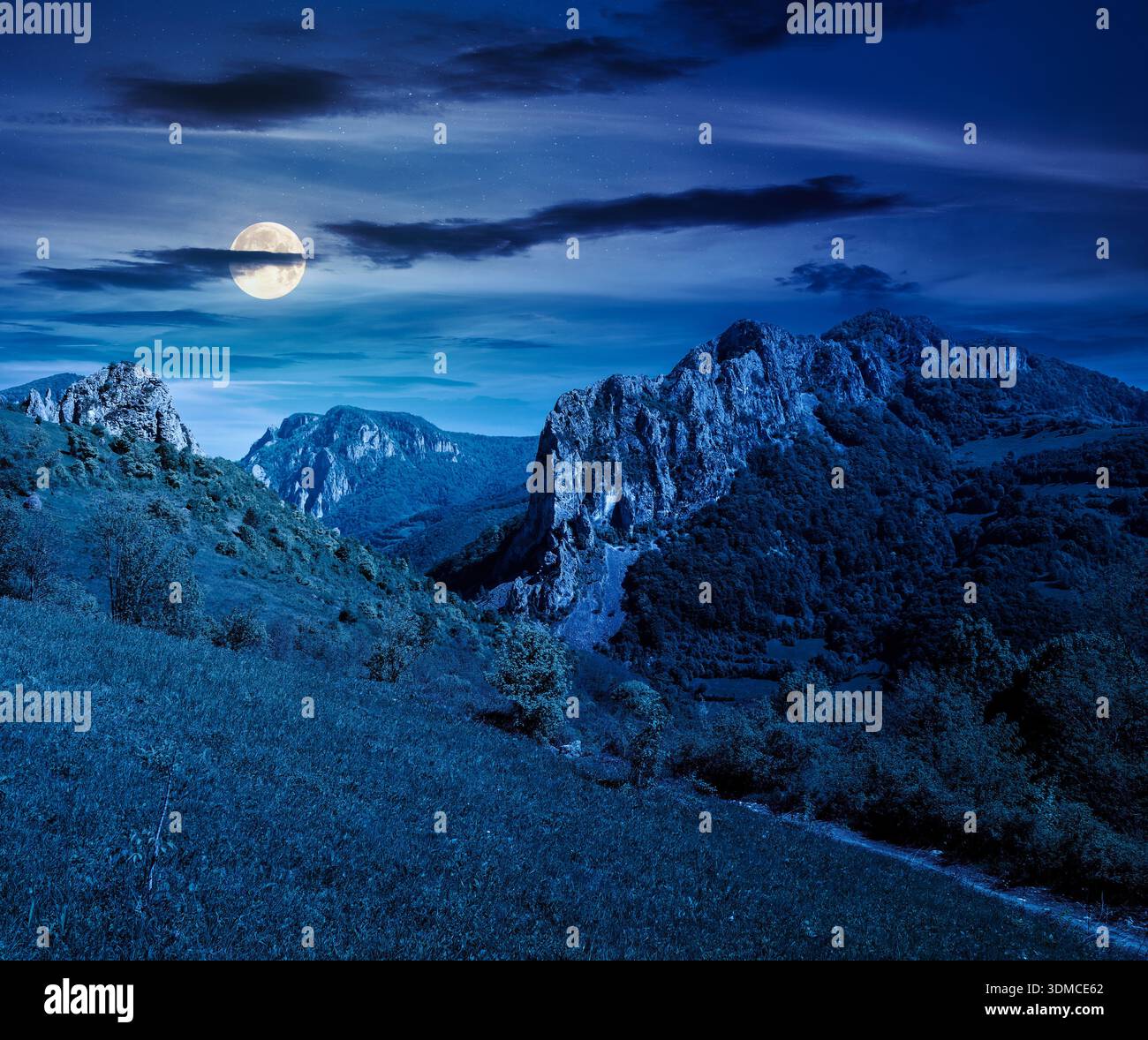 canyon with steep cliffs above the narrow valley at night. mountain landscape with unusual land forms in full moon light. beautiful springtime scenery Stock Photo