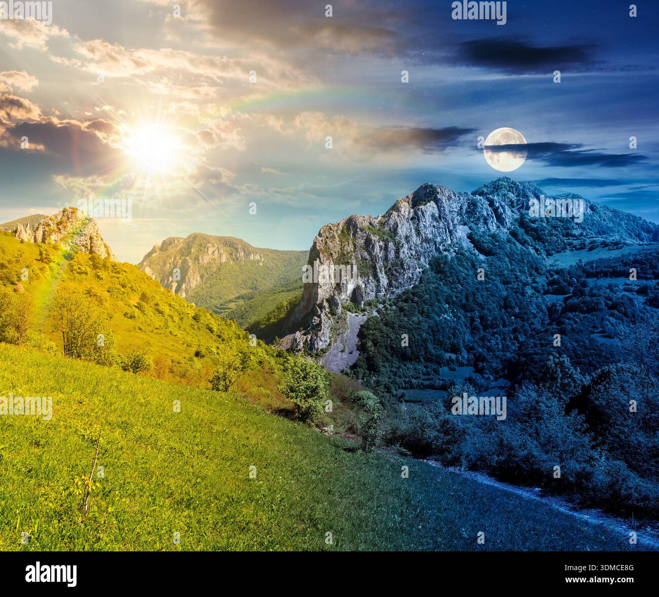 canyon with steep cliffs above the narrow valley. day and night time change concept. mountain landscape with unusual land forms with sun and moon. bea Stock Photo