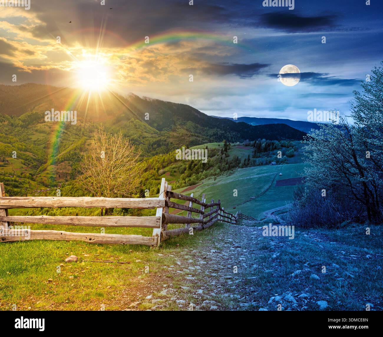 rolling hills of rural landscape in green grass. day and night time change concept. wooden fence in mountains with sun and moon. alpine countryside in Stock Photo