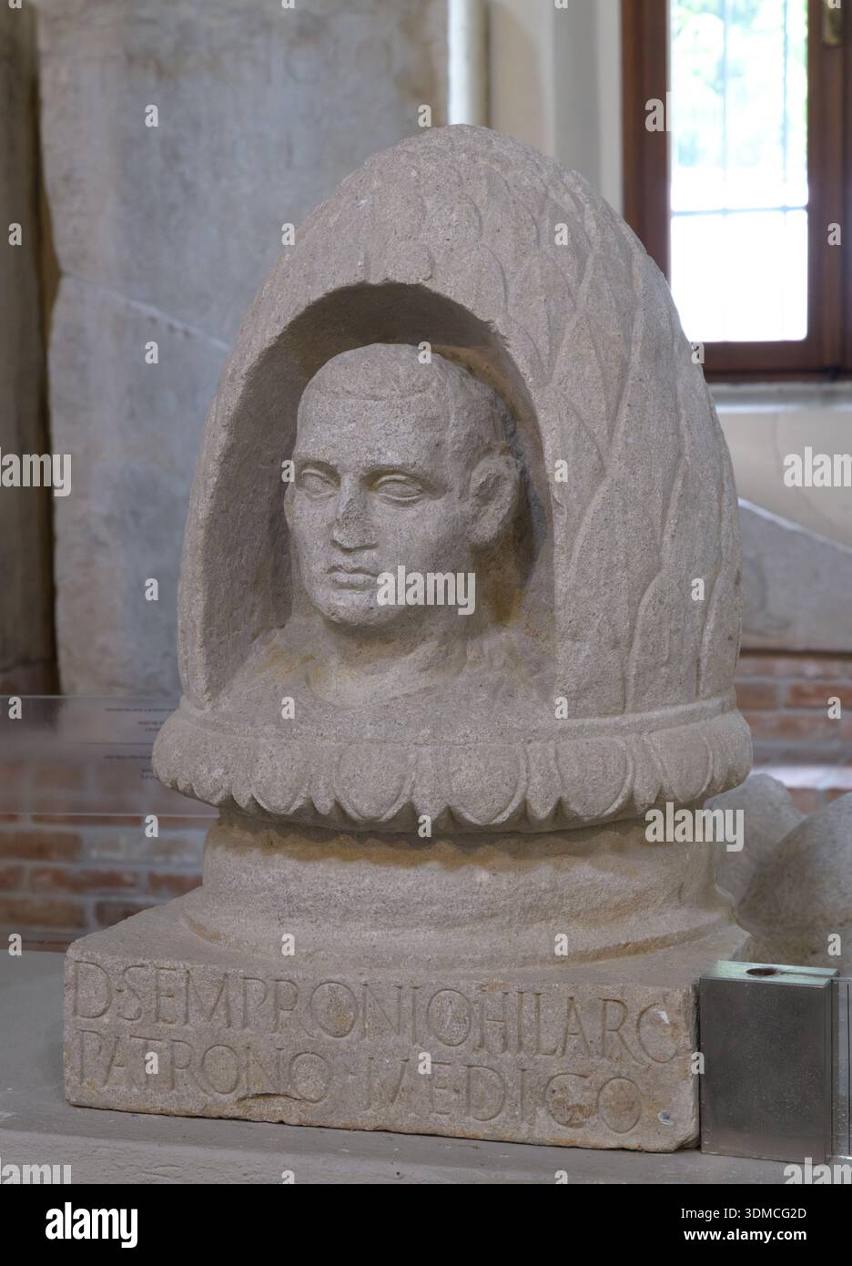 Roman funerary stele, or cippus, dating to the 1st century A.D., depicting Sempronius Hilarus, is housed in the National Museum of Concordia, Portogru Stock Photo
