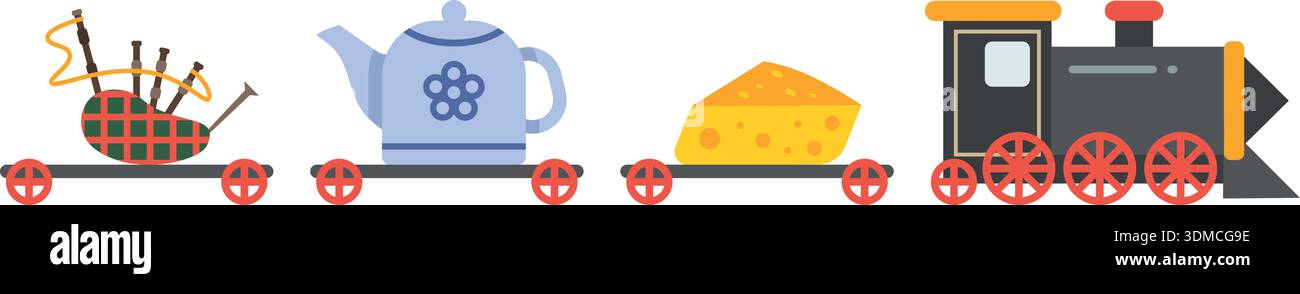 A train with a kettle, a cheese wheel, and a kilt on it Stock Vector