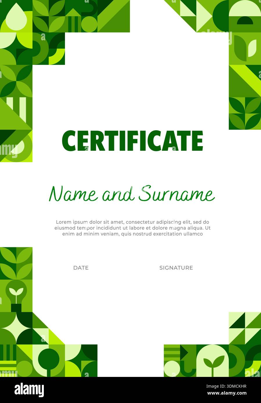 Environment business certificate template with green geometric Bauhaus ...