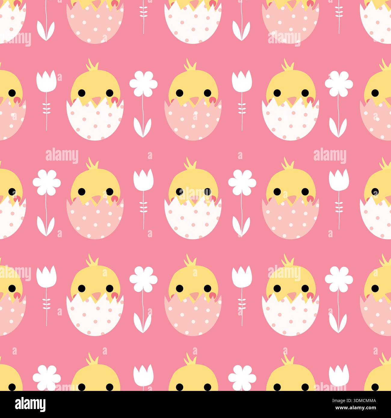 Cute vector seamless pattern with Easter chicks in eggs on pink background Stock Vector